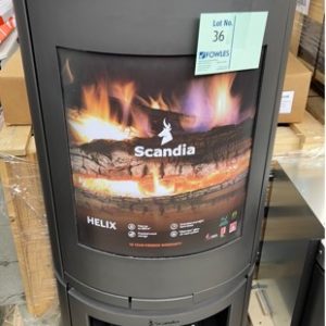 SCANDIA HELIX WOOD FIRE HEATER WITH WOOD STACKER SOLD AS IS SOME DENTS AND SCRATCHES RRP$1799 GRAPHITE COLOUR SCMR500G--18-0123