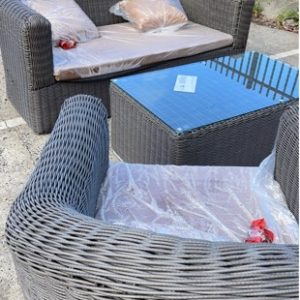 NEW CANE OUTDOOR SETTING 2 SEATER COUCH WITH 2 SINGLE ARM CHAIRS AND COFFEE TABLE