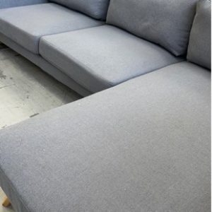 NEW GREY UPHOLSTERED COUCH WITH CHAISE WITH OAK LEGS