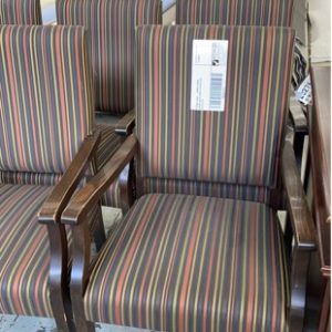 SECOND HAND - TIMBER DINING CHAIRS WITH STRIPE UPHOLSTERY SOLD AS IS