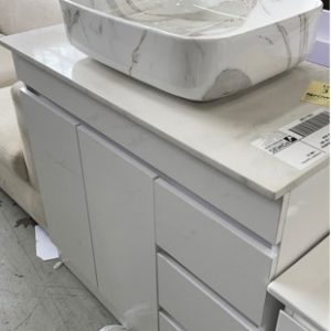 750MM GLOSS WHITE VANITY WITH DRAWERS RIGHT HAND WITH WHITE STONE TOP AND EMPRADORE ABOVE COUNTER BOWL
