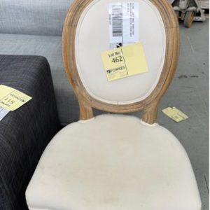 EX HIRE - OAK FRAMED DINING CHAIR WITH CREAM UPHOLSTERY ROUND BACK SOLD AS IS