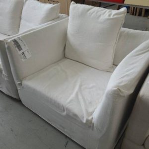 EX HIRE - CREAM LINEN ARM CHAIR SOLD AS IS