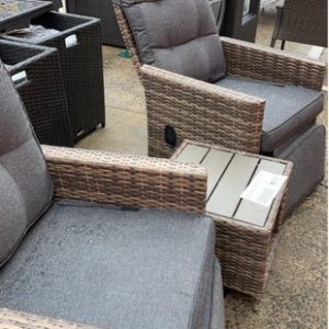EX DISPLAY BALCONY SET 2X BROWN RATTAN CHAIR WITH MANUAL RECLINER WITH SIDE TABLE