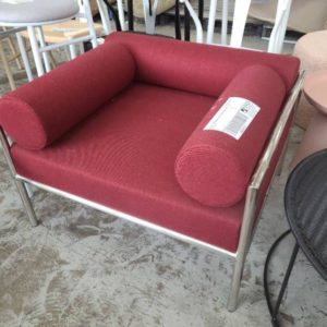 EX HIRE - BURGUNDY AND CHROME ARM CHAIR SOLD AS IS