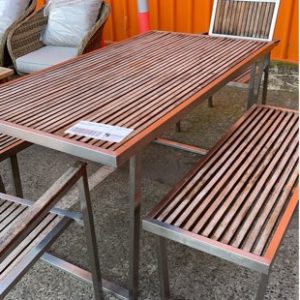 EX HIRE - TIMBER AND CHROME OUTDOOR SETTING SOLD AS IS