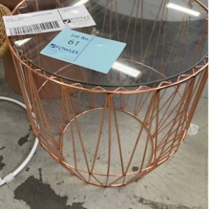 EX HIRE - GOLD SIDE TABLE W ITH GLASS TOP SOLD AS IS