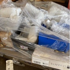 PALLET OF MIXED PLUMBING ITEMS INCL TAPS PIPES SHOWER GRATES VANITY BASIN SOAP HOLDERS ETC