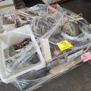 PALLET OF ASST'D HARDWARE INCL HAND TOOLS PNEUMATIC WHEELS SCREW DRIVERS EXTENSION LEADS ETC
