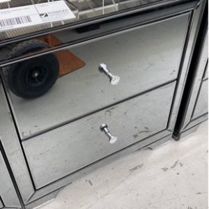 EX DISPLAY SMOKE MIRROR BEDSIDE TABLE **SOME CHIPS SOLD AS IS**