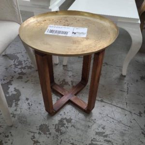 EX-HIRE GOLD METAL SIDE TABLE WITH TIMBER LEGS SOLD AS IS