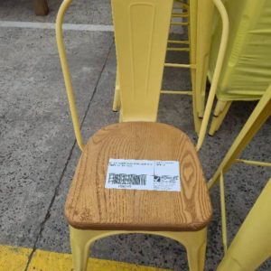 EX-HIRE YELLOW METAL DINING CHAIR WITH TIMBER SEAT SOLD AS IS