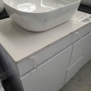 750MM GLOSS WHITE VANITY WITH WHITE GALAXY STONE TOP WITH ABOVE COUNTER BASIN