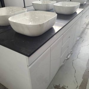 1800MM GLOSS WHITE DOUBLE BOWL VANITY WITH GLOSS WHITE CABINET WITH BLACK STONE TOP WITH ABOVE COUNTER BOWLS