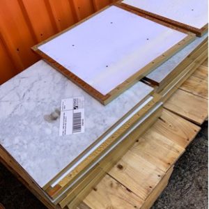EX HIRE - LARGE PALLET OF SQUARE TABLE TOPS WITH GOLD EDGE SOLD AS IS