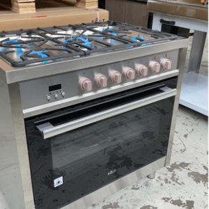 BRAND NEW SOLT 900MM DUAL FUEL FREESTANDING OVEN WITH 5 BURNER GAS COOKTOP WITH CAST IRON TRIVETS FLAME FAILURE SAFETY LARGE ELECTRIC OVEN WITH 7 COOKING FUNCTIONS TRIPLE GLAZED DOOR TWIN FANS ADJUSTABLE FEET WITH 2 YEAR WARRANTY MODEL GGSUC907S
