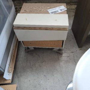 EX HIRE - BEIGE BEDSIDE TABLE WITH DRAWER FRONT BROKEN SOLD AS IS