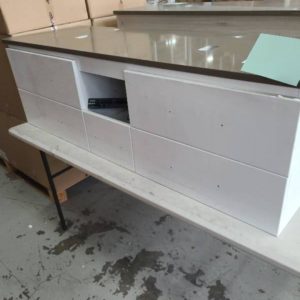 1500MM WHITE WALL HUNG VANITY WITH 6 DRAWERS (CENTRAL TOP SMALL DRAWER MISSING DRAWER FRONT) WITH COFFEE STONE TOP (SOLD AS IS)