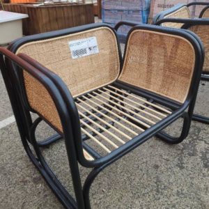 EX HIRE PAIR OF BLACK AND RATTAN CHAIR MISSING CUSHIONS SOLD AS IS