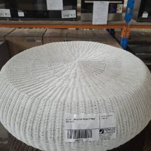 EX HIRE - WHITE CANE ROUND OTTOMAN SOLD AS IS