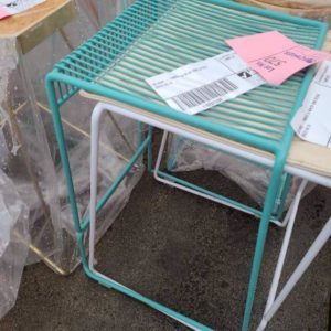 EX HIRE - TIMBER & BLUE BAR STOOL SOLD AS IS