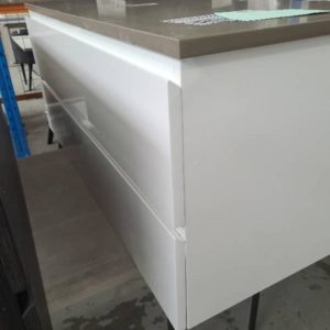1200MM GLOSS WHITE WALL HUNG VANITY WITH 2 DRAWERS WITH COFFEE STONE TOP