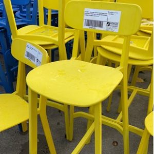 EX HIRE - YELLOW ACRYLIC EVENT BAR STOOL LEGS ARE IN TWO PARTS SO CAN BE REMOVED TO MAKE A CHAIR SOLD AS IS
