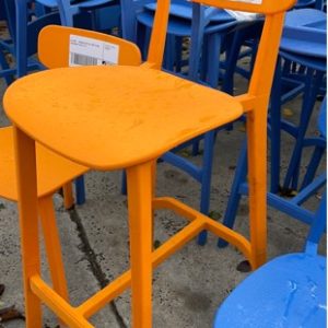 EX HIRE - ORANGE ACRYLIC EVENT BAR STOOL LEGS ARE IN TWO PARTS SO CAN BE REMOVED TO MAKE A CHAIR SOLD AS IS