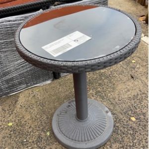 EX HIRE - BROWN RATTAN ROUND SIDE TABLE GLASS TOP SOLD AS IS