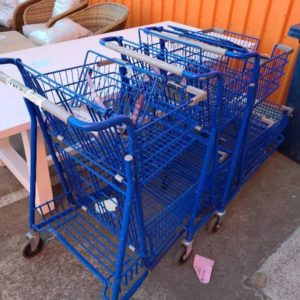 LOT OF 3 BLUE SHOPPING TROLLEYS SOLD AS IS