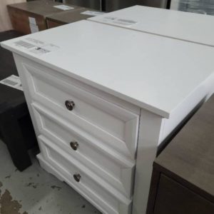 EX DISPLAY WHITE AKIRA HARDWOOD BEDSIDE TABLE 3 DRAWERS 710MM WIDE RRP$499 SOLD AS IS CONDITION