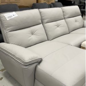 EX DISPLAY - THICK GREY LEATHER 3 SEATER LOUNGE WITH CHAISE WITH ELECTRIC RECLINER WITH USB CHARGING SOLD AS IS