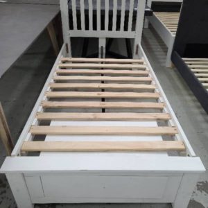 EX DISPLAY - WHITE SINGLE TIMBER BED FRAME WITH DRAWER IN BASE SOLD AS IS