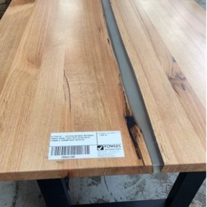 EX DISPLAY - AUSTRALIAN MADE MESSMATE TIMBER DINING TABLE WITH RESIN INLAY 2700MM X 1200MM WIDE RRP$2799