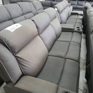 SECONDS - GREY RHINO FABRIC 3 SEATER COUCH WITH DRINK HOLDERS TOUCH CONTROL ELECTRIC RECLINER AND HEADRESTS **FABRIC STAIN/DISCOLOURATION SOLD AS IS CONDITION**
