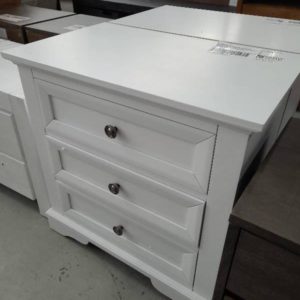 EX DISPLAY WHITE AKIRA HARDWOOD BEDSIDE TABLE 3 DRAWERS 710MM WIDE RRP$499 SOLD AS IS CONDITION