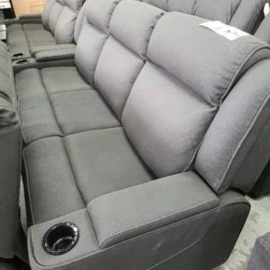 EX DISPLAY GREY RHINO FABRIC 3 SEATER COUCH WITH DRINK HOLDERS TOUCH CONTROL ELECTRIC RECLINER AND HEADRESTS SOLD AS IS CONDITION