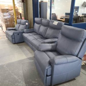 EX DISPLAY - THICK BLUE LEATHER 3 SEATER ELECTRIC RECLINER COUCH WITH USB CHARGING WITH 2 SEATER WITH ELECTRIC RECLINERS AND SINGLE ARMCHAIR ELECTRIC RECLINER SOLD AS IS