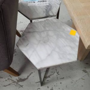 EX-DISPLAY HOME FURNITURE PAIR OF HEXAGONAL MARBLE TOP SIDE TABLES SOLD AS IS
