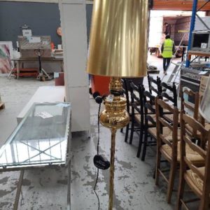 EX-HIRE GOLD FREESTANDING LAMP WITH SHADE SOLD AS IS