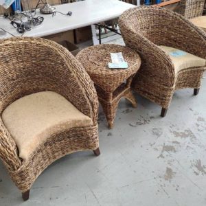 RATTAN OUTDOOR CHAIR X 2 WITH SIDE TABLE SOLD AS IS