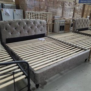EX DISPLAY KING FABRIC PEWTER BEDFRAME SOLD AS IS