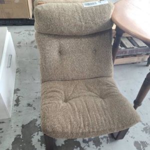 SECOND HAND FURNITURE - PAIR OF LOW SLUNG BROWN CHAIRS SOLD AS IS