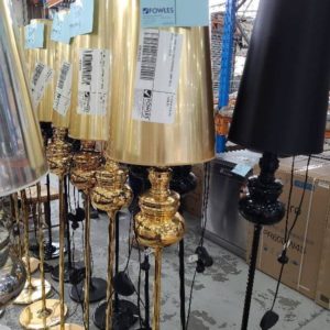 EX-HIRE GOLD FREESTANDING LAMP WITH SHADE SOLD AS IS