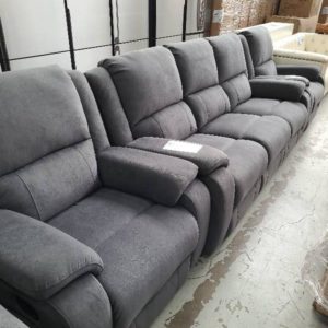 BRAND NEW ASH FABRIC TYLER 3 SEATER MANUAL RECLINER COUCH WITH FOLD DOWN CENTRE CONSOLE WITH LIGHTS WITH 2 RECLINER SINGLE ARMCHAIRS LOTYLEBAAS3351