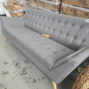 EX DISPLAY FURNITURE - GREY FABRIC 3 SEATER COUCH BROKEN LEG SOLD AS IS