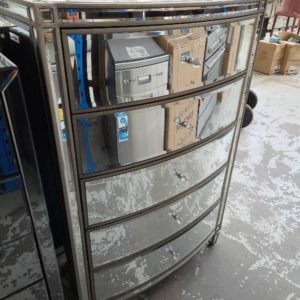 EX SHOWROOM STOCK - NEW MIRRORED SOFIA CURVED TALLBOY 5 DRAWERS SOFT CLOSE SOLD AS IS