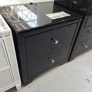 EX SHOWROOM STOCK - BLACK GLASS BEDSIDE TABLE 2 DRAWER SOLD AS IS