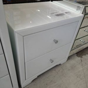 EX SHOWROOM STOCK - WHITE GLASS BEDSIDE TABLE 2 DRAWER SOLD AS IS