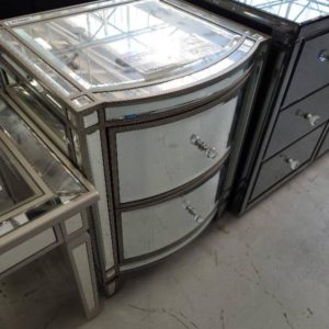 EX SHOWROOM STOCK - MIRROR GLASS AND GILT TIMBER BEDSIDE TABLE 2 DRAWER SOFT CLOSE DRAWERS SOLD AS IS